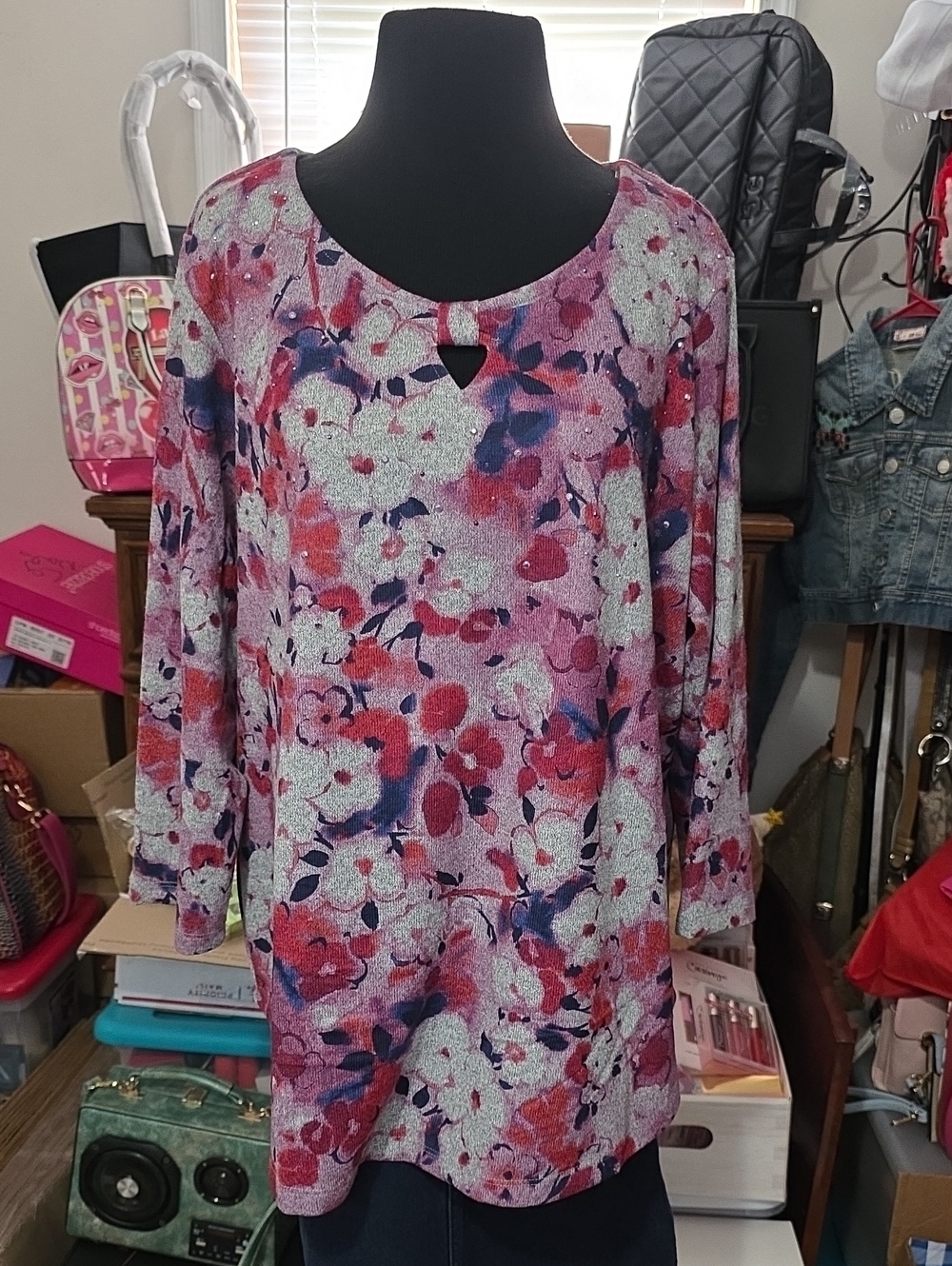 Allison Daley Sparkle Floral Long Sleeve Top — Pink, Purple & Navy